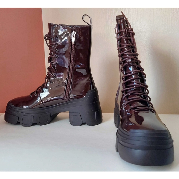 NEW - EGO Chocolate Brown Patent Lace Up Boots - Picture 2 of 11